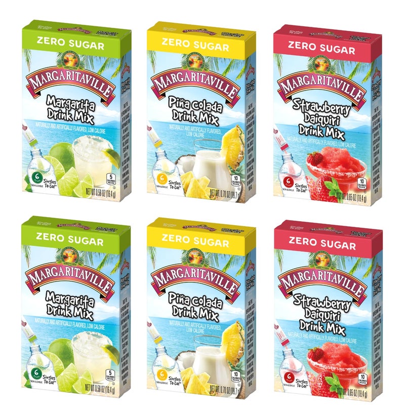 SINGLES TO GO! Margaritaville Singles to Go Drink Mix Variety - 3 Flavors, 2 Boxes Each, Pina Colada, Strawberry Daquiri and Margarita, 12 Packets Each Flavor - Image 1